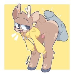 1:1 2024 anthro antlers artist_logo artist_name ass balls bent_over black_eyes border brown_body brown_fur clothing cropped_hoodie deer disembodied_penis erection eyebrows femboy fur fur_markings genitals grey_hooves grey_penis hands_on_knees hands_on_legs happy hi_res hoodie hooves horn hot_dogging humanoid_genitalia humanoid_penis logo male mammal markings multicolored_body multicolored_fur narrowed_eyes oakley_(aiyhav_nouneim) open_mouth penis penis_on_butt raised_eyebrows sex short_tail simple_background solo standing tail tan_body tan_fur text topwear tuft two_tone_body two_tone_fur vein veiny_penis white_border yellow_background yellow_clothing yellow_hoodie yellow_topwear zyneru