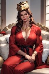 ai ai_art ai_generated ai_hands american brown_hair earrings female gold_mask irma_wilson jewel looking_at_viewer mask mask_on_head milf mommy muscular muscular_female muscular_milf original original_character red_lipstick red_robe rich_girl robe sevalgold sitting sitting_on_sofa sofa solo
