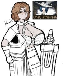 1girls acubedpersonoid armor breasts female limbus_company paula_(limbus_company) project_moon removing_armor sweaty sword