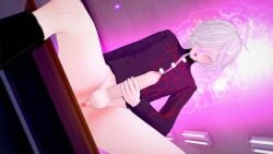 1male anus balls bottomless cum ejaculation flames jerking kghgk koikatsu open_mouth partially_clothed penis public_nudity purple_fire shion_(the_hundred_line) solo_male the_hundred_line_-last_defense_academy- white_hair