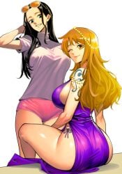 2girls ass big_breasts black_hair blue_eyes busty light-skinned_female light_skin looking_at_viewer nadainishi nami_(one_piece) nico_robin one_piece orange_eyes orange_hair purple_dress short_shorts shorts sunglasses_on_head tattoo thick_ass thick_thighs wink