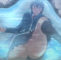 1girls anime female from_below haitekudasai_takamine-san insomnamarth large_breasts no_panties nude_filter puddle purple_hair pussy red_eyes screencap skirt takamine_takane uncensored upskirt very_long_hair water
