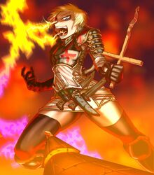 1girls armor blonde_hair blue_eyes boro catholic christianity crazy cross drifters european_mythology female fire folklore gloves jeanne_d'arc joan_of_arc knife knight mythology open_clothes public_domain religion small_breasts smile spread_legs stockings weapons