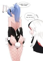 2025 2girls ahoge anal anal_beads anal_insertion anal_object_insertion armwear ass ass_grab ass_support black_armwear blue_hair bunny_costume bunny_ears bunny_girl bunny_suit bunny_tail bunnygirl bunnysuit clothed clothed_female clothing dialogue digital_drawing_(artwork) digital_media_(artwork) duo duo_female english english_dialogue english_language english_text female female_focus female_only fingerless_gloves fishnet fishnet_legwear fishnet_stockings fishnets fully_clothed glistening glistening_body glistening_butt glistening_clothing glistening_hair glistening_skin hair hair_ornament hairband hairclip light-skinned_female light_skin long_hair looking_at_another looking_away looking_down multicolored_hair open_mouth ponytail red_hair simple_background speech speech_bubble speech_bubbles sweat sweating sweaty text text_bubble tremble_lines tremble_spikes trembling white_background white_hair wrist_cuffs