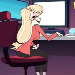 1girls accurate_art_style ai_generated charlie_morningstar charlie_morningstar_(pilot) clothed computer futanari hazbin_hotel looking_at_screen masturbation monitor penis smile solo solo_futa temple watching watching_porn
