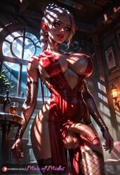 ai_generated baldur's_gate baldur's_gate_3 bar bimbo bimbo_body bimbo_futa bimbo_lips bimbofication bimbofied black_eyeshadow bolt_on_tits cleavage dickgirl dress_aside elf_ears erect_penis erection eye_shadow fake_breasts fishnet_sleeves fishnets futa_only futanari green_eyes hair_ornament intersex makeup manofmidas mascara ponytail red_dress red_lipstick selune_shadowheart shadowheart sleeves underboob white white_hair