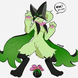 1:1 3_fingers 3_toes absurd_res after_masturbation after_vaginal animal_humanoid anthro black_body bodily_fluids bottomwear cape chest_tuft claws clitoral_hood clitoris clothing dialogue fangs feet felid felid_humanoid feline feline_humanoid female fingers flower fluffy fluffy_ears fluffy_tail fur generation_9_pokemon genital_fluids genitals green_body green_fur hi_res humanoid leaking_pussy mammal mammal_humanoid mask meowscarada multicolored_body nintendo nya open_mouth ottmutt pants pawpads paws pink_eyes pink_nose pink_pawpads plant pokemon pokemon_(species) pussy_floss raised_arms shaded signature simple_background solo speech_bubble standing tail teeth text toes tongue tuft vaginal_fluids vulva wearing_mask white_background