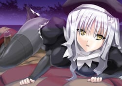 caren_ortensia censored fate/hollow_ataraxia fate/kaleid_liner_prisma_illya fate_(series) female hat kneepit_sex long_hair outercourse pantyhose penis silver_hair tanaka_hitoriaruki type-moon yellow_eyes