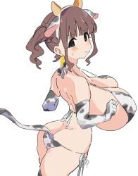 annoyed arms_up black_eyes blush brown_hair clenched_hand cow_ears cow_girl cow_horns cow_print cow_print_bikini ear_tag embarrassed fake_smile gigantic_breasts large_ass medium_hair pigtails short_pigtails sweatdrop tag top_heavy wavy_hair