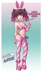 1girls barely_clothed bowtie bra breasts brown_hair bunny_ears censor_bar censored censored_dildo d4dj female fingerless_gloves gold_eyes high_heels iquestx_commissions mosaic_censoring ohnaruto_muni pink_highlights satosatori signature speech_line stockings strap-on text twintails watermark