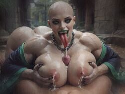 1ambiguous 1girls ai_generated ambiguous_gender ass bald black_nail_polish black_sclera breasts claws cum_between_breasts cum_outside ejaculation ejaculation_between_breasts eyeshadow faceless_ambiguous fangs green_eyes green_lipstick huge_breasts kimono lactation light-skinned_penis lipstick long_tongue monster_girl muscular muscular_female nail_polish necklace oc oiled oiled_body oiled_skin original_character paizuri pale-skinned_female pov ruins titfuck titjob tongue_out