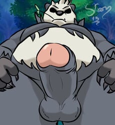 1boy 2015 anthro big_belly big_penis chubby interspecies male male_only nintendo nude panda pangoro penis pokemon pokemon_xy pokephilia solo source_request stoon stoonbucko testicles text watermark