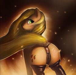 applejack_(mlp) ass blonde_hair blush butthole cutie_mark female freckles friendship_is_magic green_eyes mammal my_little_pony panties pussy rain-gear smooth_skin solo thighhighs vagina