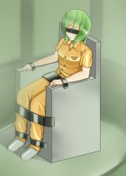 1girls bondage breasts death en17 execution female female_only full_body gas_chamber green_hair human human_only imminent_death indoors open_mouth outstretched_arms peril prisoner sitting small_breasts solo spread_arms stationary_restraints