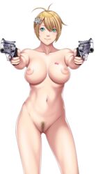 areolae blonde_hair blue_eyes breasts celicia_lockhart censored closed_game female game_cg gun highres large_breasts legs looking_at_viewer mosaic_censoring navel nipples nude nude_female pubic_hair pussy sei_shoujo short_hair simple_background smile standing tattoo thighs transparent_background weapon