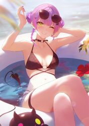 1girls armpits arms_up bikini black_bikini blush crossed_legs green_eyes hololive in_watet jygfams medium_breasts purple_hair sitting smile sunglasses sunglasses_on_head tail thick_thighs thighs tokoyami_towa unworn_hat virtual_youtuber wink