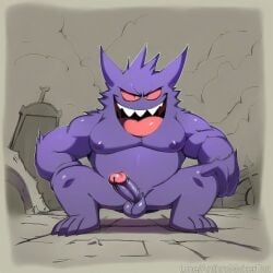 erection evil_grin gengar graveyard looking_at_viewer pokemon pokemon_(species) pokephilia squatting