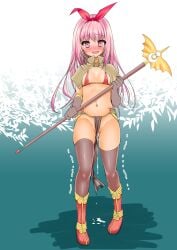 arima_natsubon ass_visible_through_thighs bikini bikini_top_only blue_background blush boots bow breasts brown_capelet brown_gloves brown_thighhighs capelet clothing covered_nipples elbow_gloves female flat_chest full_body gloves hairbow highres holding holding_staff long_hair looking_at_viewer mage_(ragnarok_online) midriff navel no_panties nose_blush open_mouth pelvic_curtain pink_eyes pink_hair pussy_juice pussy_juice_drip_through_clothes ragnarok_online red_bikini red_boots red_bow skindentation small_breasts smile solo staff stockings sweat swimsuit thighhighs trembling