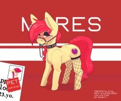 absurd_res aged_up apple_bloom_(mlp) ball_gag blush bodily_fluids chapaevv clothing collar cutie_mark digital_media_(artwork) drooling earth_pony equid equine eyeshadow female feral fishnet_clothing fishnet_legwear freckles friendship_is_magic gag hair hasbro heart_eyes heart_symbol hi_res horse id_card legwear makeup mammal my_little_pony older_apple_bloom_(mlp) pony saliva solo text