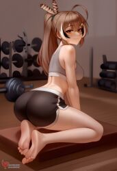 1girls 2d ai_generated ass barefeet big_ass breasts brown_hair erophoenix feet female female_focus full_body gym hairclip hololive hololive_english hololive_english_-council- hololive_english_-promise- indoors looking_at_viewer medium_breasts nanashi_mumei navel patreon_username short_shorts shorts solo solo_female sports_bra sweat thick thick_thighs toes uncensored virtual_youtuber vtuber