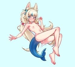 absurdres animal_ear_fluff animal_ears blonde_hair blue_eyes blue_hair blush cat_ears completely_nude cum cum_in_pussy female fins fish_girl fish_tail flat_chest highres indie_virtual_youtuber long_hair looking_at_viewer low_twintails moriforests multicolored_hair nude sameko_saba smile solo streaked_hair tail twintails virtual_youtuber