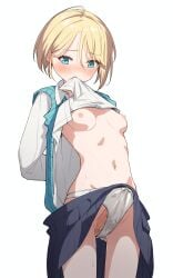 absurdres arms_behind_back blonde_hair blue_eyes blue_skirt blue_sweater_vest blush breasts bulge clothes_in_mouth clothes_lift collared_shirt cowboy_shot embarrassed erection erection_under_clothes female futanari hair_between_eyes highres long_sleeves navel nemu_mayo nipples no_bra original panties penis pleated_skirt shirt shirt_lift short_hair simple_background skirt small_breasts solo standing sweat sweater_vest tearing_up thighs underwear white_background white_panties white_shirt