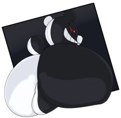 animate_inanimate anthro ass backsack balls bear big_butt black_body butt_focus danganronpa digital_media_(artwork) genetic_chimerism genitals hi_res huge_butt looking_at_viewer looking_back male mammal monokuma multicolored_body nude plushie presenting rear_view simple_background smile solo spike_chunsoft split_color tail teddy_bear thick_thighs white_background white_body wide_hips woopyy