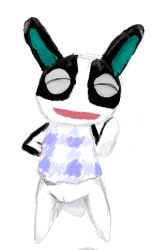 animal_crossing anthro axe bannertail black_body black_fur bottomless closed_eyes clothed clothing digital_media_(artwork) domestic_rabbit dotty_(animal_crossing) dress female fur genitals gesture hand_behind_back holding_axe holding_object holding_object_behind_back innie_vulva lagomorph leporid low_res mammal multicolored_body multicolored_fur nintendo open_mouth open_smile oryctolagus rabbit simple_background smile solo torn_clothing torn_dress vulva waving waving_at_viewer white_background white_body white_fur