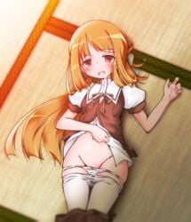 blonde_hair blush brown_eyes cum cum_in_mouth fa-x female groin highres long_hair lying navel nogi_sonoko on_back open_mouth panties panty_pull pantyhose pantyhose_pull school_uniform skirt skirt_pull solo underwear washio_sumi_wa_yuusha_de_aru yuuki_yuuna_wa_yuusha_de_aru