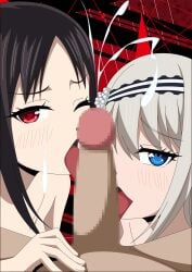 1boy 2girls black_hair blue_eyes cum cumming ffm ffm_threesome high_school_student kaguya-sama_wa_kokurasetai_~tensai-tachi_no_renai_zunousen~ licking_penis middle_school_student red_eyes shinomiya_kaguya shirogane_kei teenage_girl teenager threesome white_hair