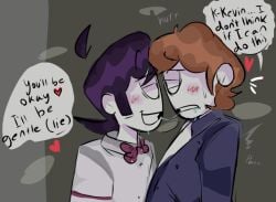 black_hair first_time gay gay_kissing gay_male kevin_(spooky_month) making_out male nervous nonconsensual_arousal orange_hair police_uniform rarepair saliva_string shotgun_man_(spooky_month) spooky_month twink virgin_male virginity_loss work_uniform workplace