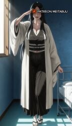 ai_generated bed black_eyes black_hair black_hakama black_kimono bleach bleach:_the_thousand-year_blood_war bleach_brave_souls blush breasts cleavage collarbone female full_body haori hospital_bed indoors japanese_clothes kimono large_breasts long_hair long_sleeves looking_at_viewer mature_female meitabuu mole mole_under_mouth navel obi open_mouth parted_bangs salute sandals sash shonen_jump smile socks solo standing straight_hair sunlight tabi unohana_retsu white_socks wide_sleeves window window_shade zouri