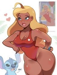 2025 alien blonde_hair blue_body blue_eyes blue_fur blue_nose breasts clothing dialogue disney duo experiment_(lilo_and_stitch) eyebrows eyelashes female feral fur glistening glistening_body glistening_breasts glistening_skin glistening_thighs hair head_tuft heart_symbol hi_res human human_focus lifeguard lifeguard_(lilo_and_stitch) lifeguard_swimsuit lilo_and_stitch long_hair male mammal meme nintendo one-piece_swimsuit open_mouth pokemon simple_background stitch_(lilo_and_stitch) surprise surprised_pikachu swimwear teeth thick_thighs touyarokii tuft white_background wide_hips