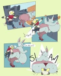 absurd_res accident anthro ass balls big_breasts big_butt bigbun_3 bottomwear breasts clothing domestic_cat dress duo eyewear felid feline felis female footwear genitals glasses hi_res high_heels huge_breasts huge_butt lagomorph leporid male male/female mammal oblivious pants public rabbit shoes store