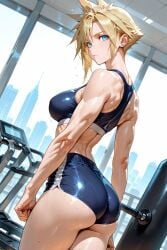 1girls ai_generated ass blonde_hair blue_eyes breasts cloud_strife cloudette_strife earrings final_fantasy final_fantasy_vii gym sweat white_skin