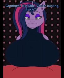 beat_banger big_breasts big_macintosh_(mlp) breasts breasts_bigger_than_head breasts_out cum cum_in_mouth cum_inside enormous_breasts excessive_cum furry huge_breasts large_breasts my_little_pony subtitles tagme twilight_sparkle_(mlp) video