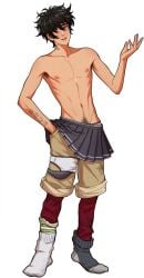 1boy ai_generated black black_hair brown_eyes date_everything dirk_deveraux male male_underwear messy_hair narrow_waist nipples partially_clothed shirtless shirtless_(male) skinny_male solo_male sprite_edit tagme tattoo tattooed_arm