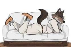 ass belt brown_fur canid clothed clothing couch dreamworks dress_shirt furniture grin hand_on_head looking_back male male_only mr._wolf_(the_bad_guys) odka pants raised_tail sharp_teeth shoes smile sparkles tail the_bad_guys wolf yellow_eyes