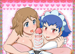 1boy 2girls amourshipping ash_ketchum bottomless breasts brown_hair censored collaborative_fellatio fellatio female gouguru human human_only licking male male_pov miette_(pokemon) multiple_girls nintendo nude pokemon pokemon_xy pov satoshi_(pokemon) serena_(pokemon) short_serena teamwork text threesome tongue tongue_out