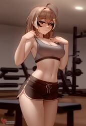 1girls 2d ai_generated ass barefeet big_ass breasts brown_hair erophoenix feet female female_focus full_body gym hairclip hololive hololive_english hololive_english_-council- hololive_english_-promise- indoors looking_at_viewer medium_breasts nanashi_mumei navel patreon_username short_shorts shorts solo solo_female sports_bra sweat thick thick_thighs toes uncensored virtual_youtuber vtuber