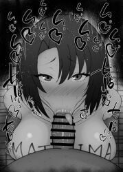 1boy 1girls :>= big_penis black_and_white blowjob blush breasts censored dark-skinned_male dark_skin detailed_background drooling eyelashes fellatio female heart human indoor inside kurotama looking_at_viewer male male_pov oral oral_sex penis room saliva shiny shiny_skin short_hair sketch sound_effects squatting sweat text tongue_out vein veins veiny veiny_penis yoshimoto-san zatsu_tabi
