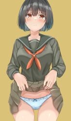 1girls ass_visible_through_thighs black_hair black_serafuku blue_panties blush bob_cut bow bow_panties breasts clothes_lift collarbone commentary_request cowboy_shot crotch_seam expressionless female frown groin highres lace-trimmed_panties lace_trim lifting_own_clothes looking_at_viewer medium_breasts neckerchief original panties partial_commentary pleated_skirt red_eyes red_neckerchief school_uniform serafuku short_hair simple_background skirt skirt_lift solo sunsun2812 underwear