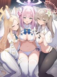 3girls :d arm_support bedroom_eyes bikini blue_archive blush half-closed_eyes hand_on_breast happy indoors large_breasts looking_at_viewer medium_breasts mika_(blue_archive) multiple_girls nagisa_(blue_archive) on_bed seductive seductive_look seia_(blue_archive) sitting small_breasts smile tea_party_(blue_archive) trinity_general_school_student worried yokozuwari