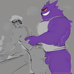 ai_generated anal anal_sex apron apron_only evil_grin gay gay_anal gay_sex gengar kitchen pokemon pokemon_(species) pokephilia