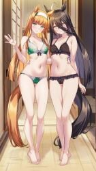2024 2girls :) ahoge animal_ears background bangs barefoot belly black_bra black_hair black_lingerie black_panties black_underwear blush bra calves cameltoe collarbone corridor feet female female_only frilled_bra frilled_panties full_body green_bra green_eyes green_lingerie green_panties green_underwear hair_between_eyes hairband hand_on_waist highres hips hugging indoors kemonomimi knees lace-trimmed_bra lace-trimmed_panties legs light-skinned_female light_skin lingerie long_hair looking_at_viewer manhattan_cafe_(umamusume) merufena navel orange_hair panties silence_suzuka_(umamusume) smile smiling smiling_at_viewer standing stomach tail thighs umamusume umamusume_pretty_derby underwear waist waist_hug waving_at_viewer yellow_eyes