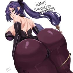 1girls ass big_ass big_breasts bottom_heavy breasts bubble_butt cameltoe clothing dat_ass dialogue fat_ass female female_only genshin_impact huge_ass large_ass looking_at_viewer looking_back massive_ass mona_(genshin_impact) png purple_hair sana!rpg solo talking_to_viewer text thick_ass thick_thighs thunder_thighs white_background wide_hips