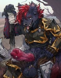 2025 3:4 animal_genitalia animal_penis anthro armor axe ball_jewelry ball_ring balls big_balls big_penis black_balls black_body black_fur bodily_fluids bracers breastplate canid canine canine_genitalia canine_penis canis claws detailed digital_drawing_(artwork) digital_media_(artwork) dripping ear_piercing ear_ring erection facial_piercing finger_claws fur genital_fluids genital_piercing genitals grey_eyes hair hi_res holding_axe holding_object holding_weapon huge_cock knot majmajor male male_anthro mammal nose_piercing outside pauldron penis penis_piercing piercing poleyn precum precum_squirt red_hair red_penis ring_piercing saliva saliva_drip sitting solo tongue tongue_out tongue_piercing weapon wolf