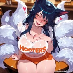 ahri_(league_of_legends) ai_generated animal_ears balecxi black_hair blurry blush cleavage clothes_writing crop_top facial_mark female fox_ears fox_girl fox_tail hand_on_own_chest heart hooters large_breasts league_of_legends long_hair looking_at_viewer midriff multiple_tails navel open_mouth orange_shorts patreon_username short_shorts short_sleeves sitting smile solo thighs whisker_markings white_shirt yellow_eyes