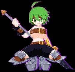 belt belt_bra breasts disgaea female kyustep large_breasts nippon_ichi_software shorts spread_legs thick_thighs thighs underboob valkyrie_(disgaea)