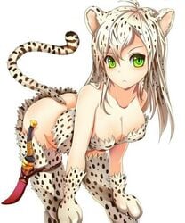 1girls :< ahoge animal_ears anthro bent_over blonde bottomless breasts cat_girl cleavage clothing collarbone female female_only fur_bikini green_eyes hair hands_on_knees human knife leopard_ears leopard_tail long_hair looking_at_viewer nekomimi plain_background simple_background slit_pupils solo suoni_(deeperocean) tail thighhighs weapon white_background